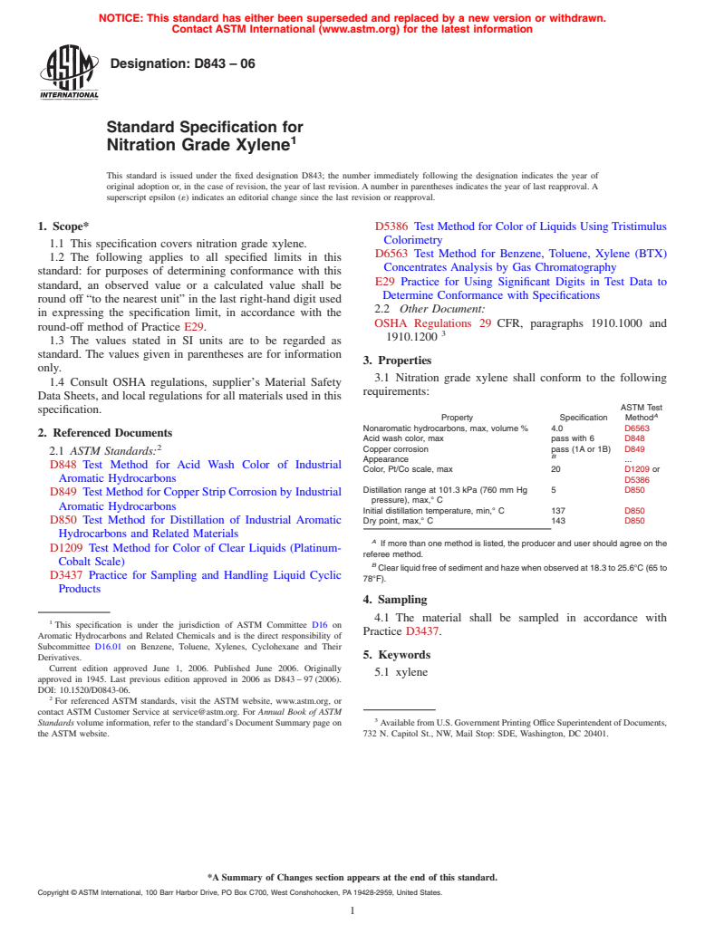 ASTM D843-06 - Standard Specification for Nitration Grade Xylene