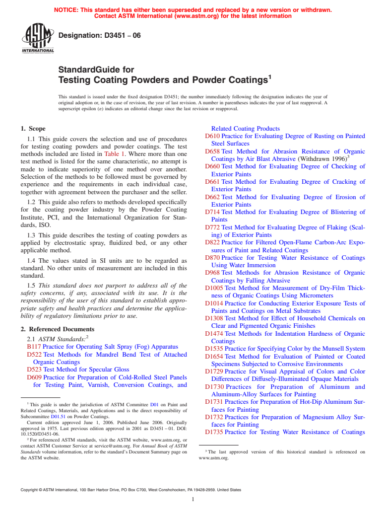 ASTM D3451-06 - Standard Guide for Testing Coating Powders and Powder Coatings