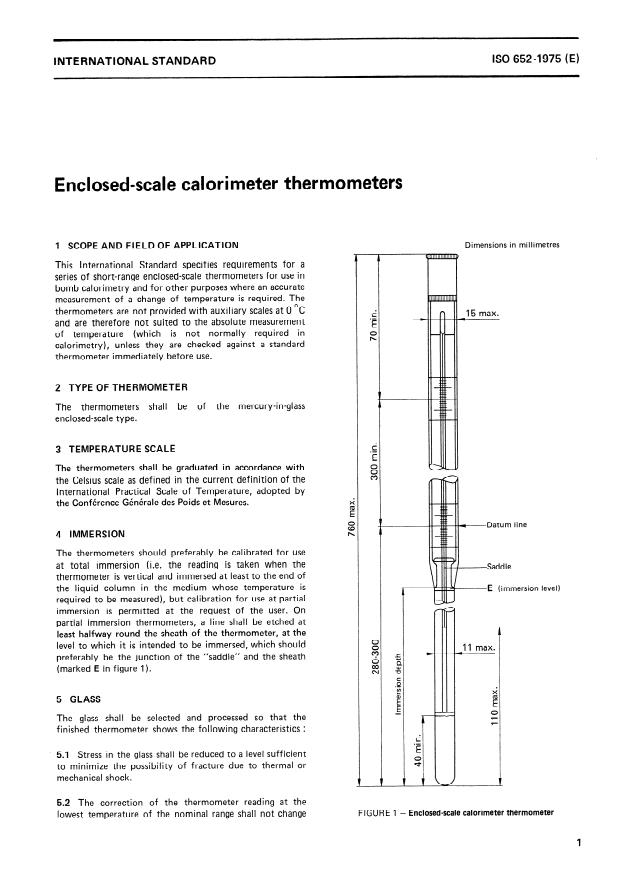 ISO 652:1975 - Enclosed-scale calorimeter thermometers
