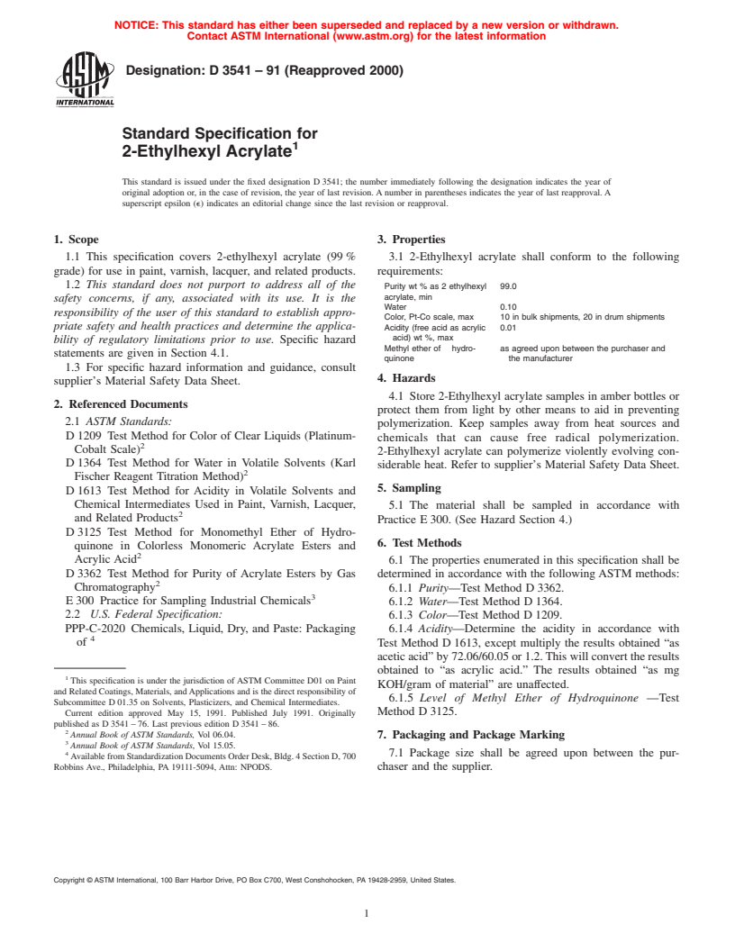 ASTM D3541-91(2000) - Standard Specification for 2-Ethylhexyl Acrylate