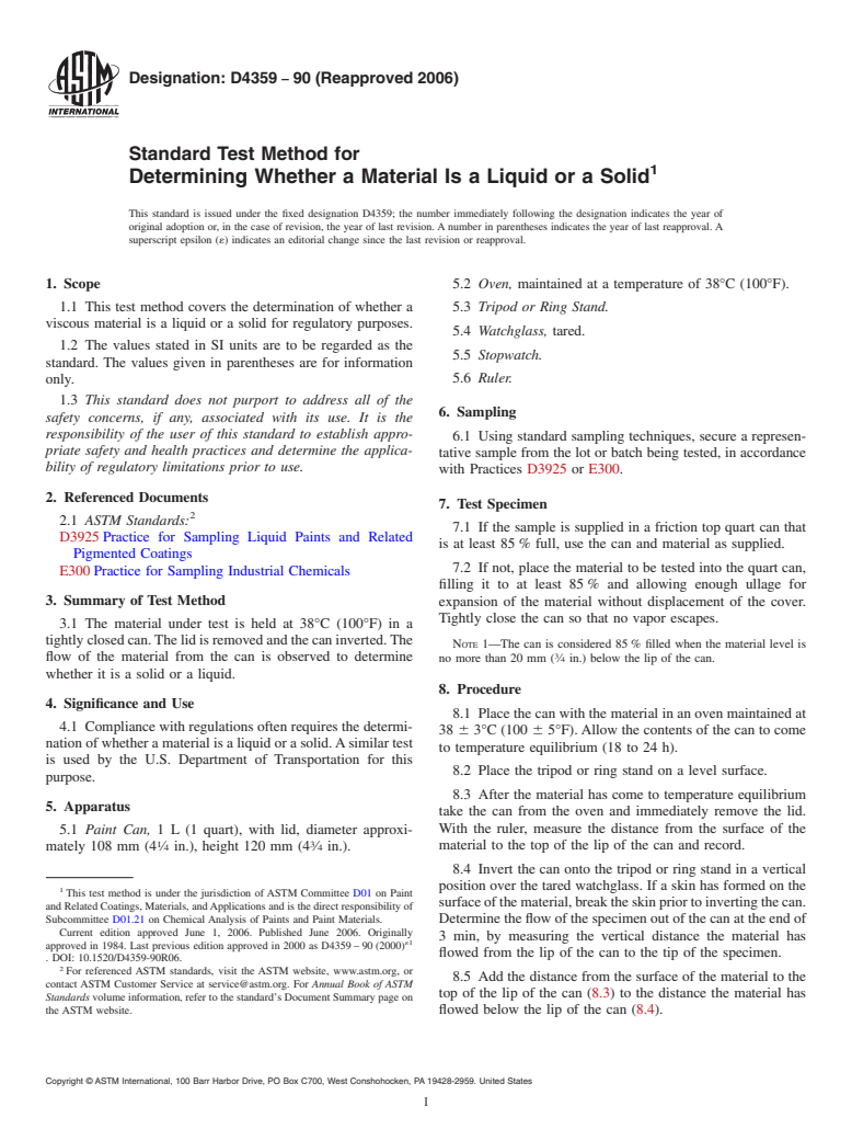 ASTM D4359-90(2006) - Standard Test Method for Determining Whether a Material Is a Liquid or a Solid