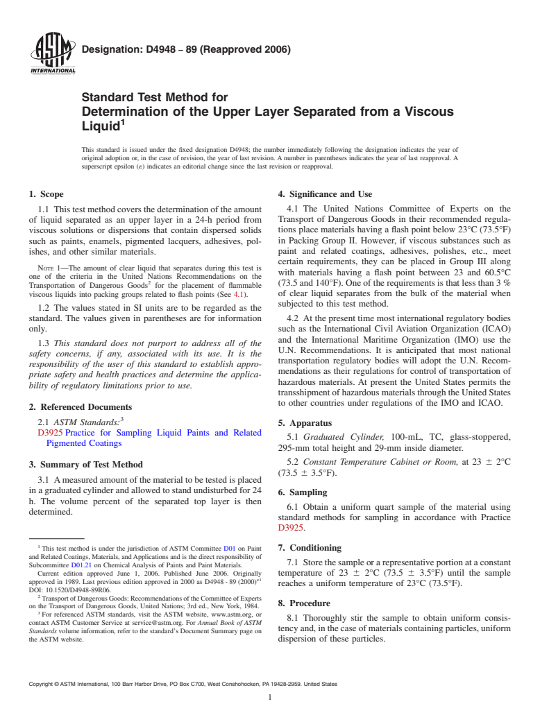 ASTM D4948-89(2006) - Standard Test Method for Determination of the Upper Layer Separated from a Viscous Liquid