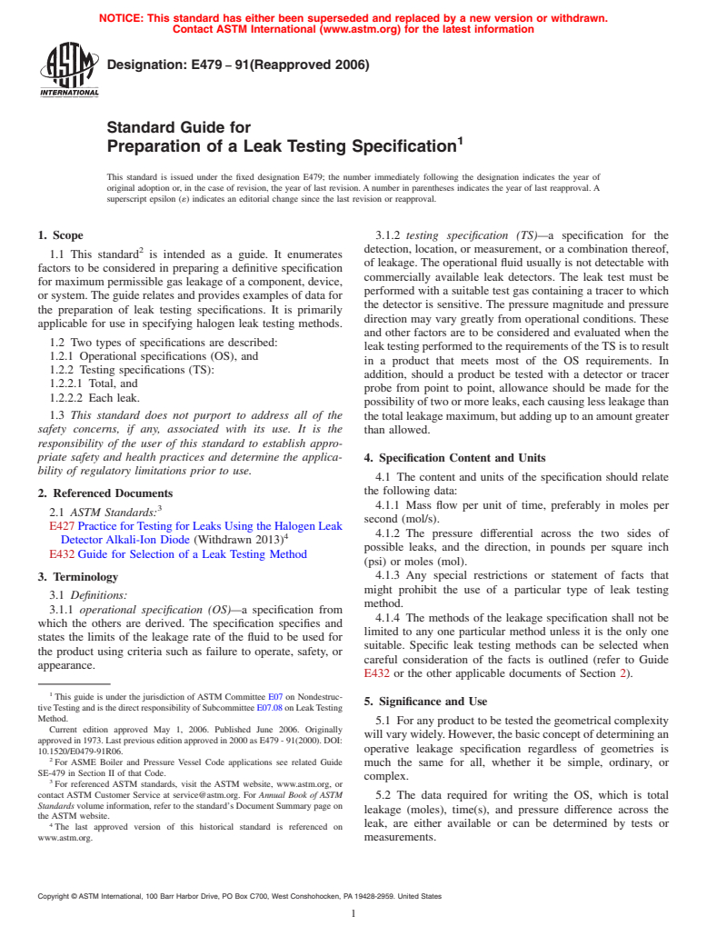 ASTM E479-91(2006) - Standard Guide for Preparation of a Leak Testing Specification (Withdrawn 2014)