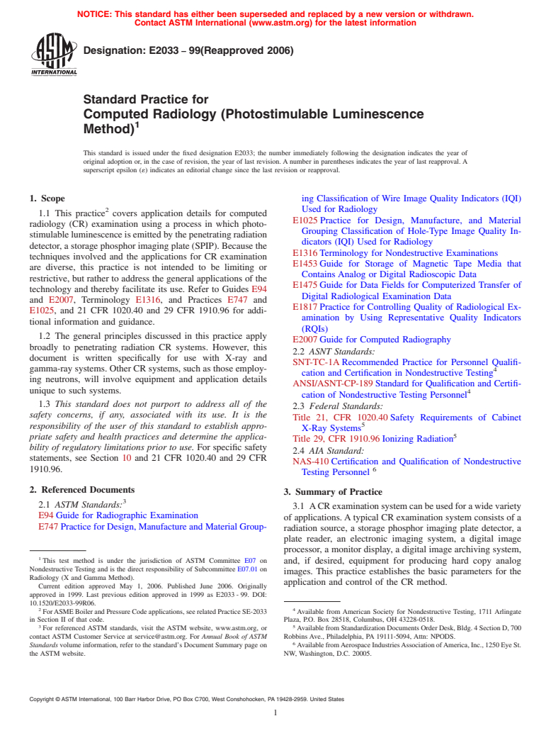 ASTM E2033-99(2006) - Standard Practice for Computed Radiology (Photostimulable Luminescence Method)