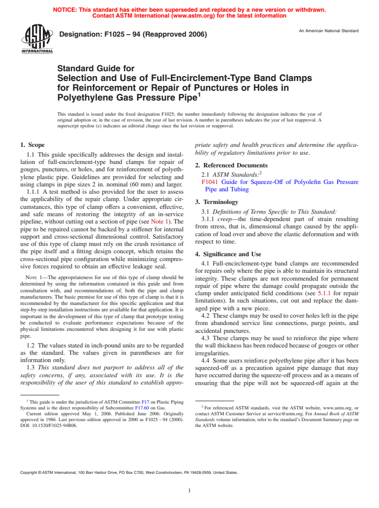 ASTM F1025-94(2006) - Standard Guide for Selection and Use of Full-Encirclement-Type Band Clamps for Reinforcement or Repair of Punctures or Holes in Polyethylene Gas Pressure Pipe