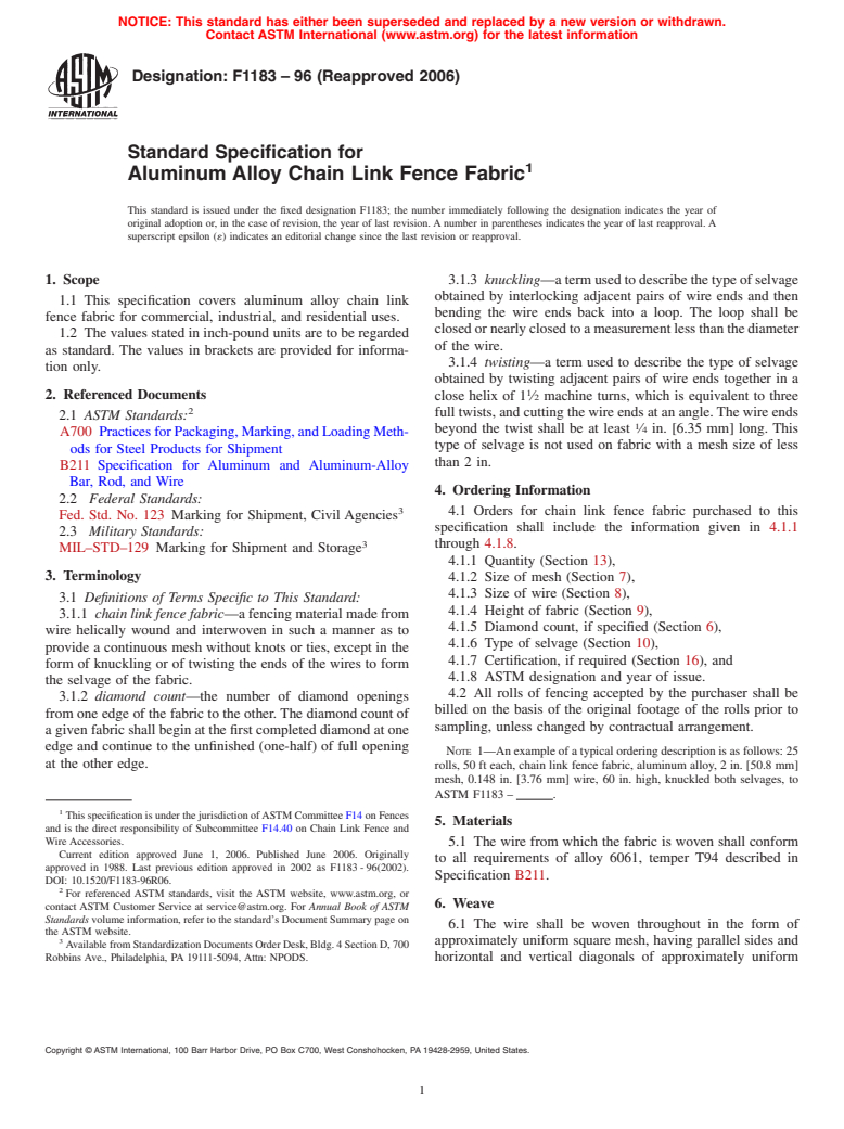 ASTM F1183-96(2006) - Standard Specification for Aluminum Alloy Chain Link Fence Fabric