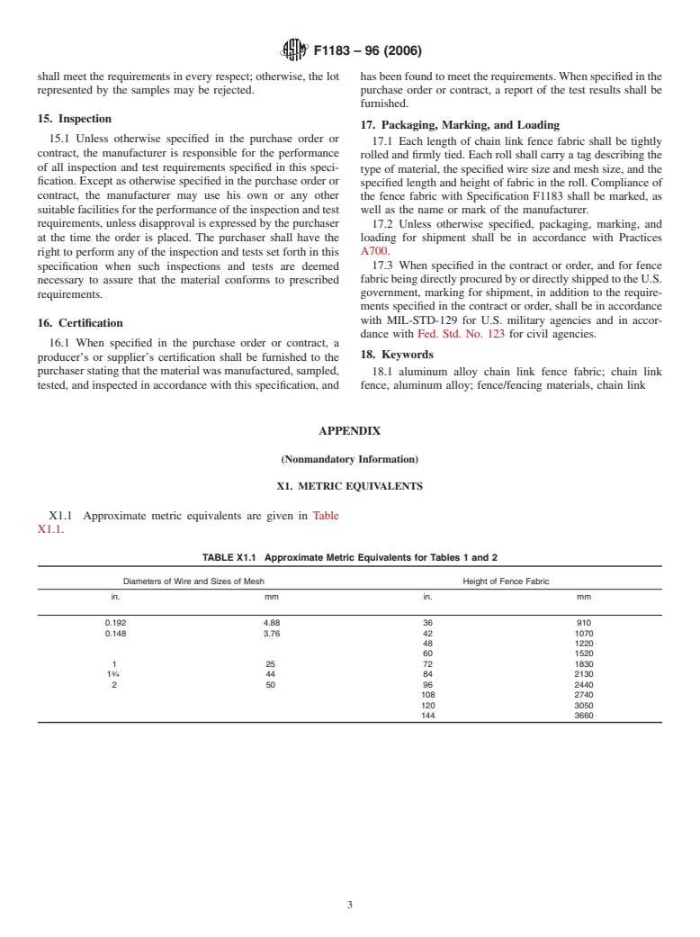 ASTM F1183-96(2006) - Standard Specification for Aluminum Alloy Chain Link Fence Fabric