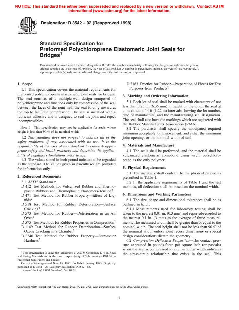 ASTM D3542-92(1998) - Standard Specification for Preformed Polychloroprene Elastomeric Joint Seals for Bridges