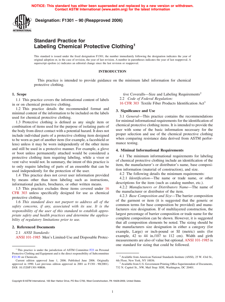 ASTM F1301-90(2006) - Standard Practice for Labeling Chemical Protective Clothing