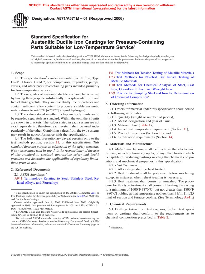 ASTM A571/A571M-01(2006) - Standard Specification for Austenitic Ductile Iron Castings for Pressure-Containing Parts Suitable for Low-Temperature Service