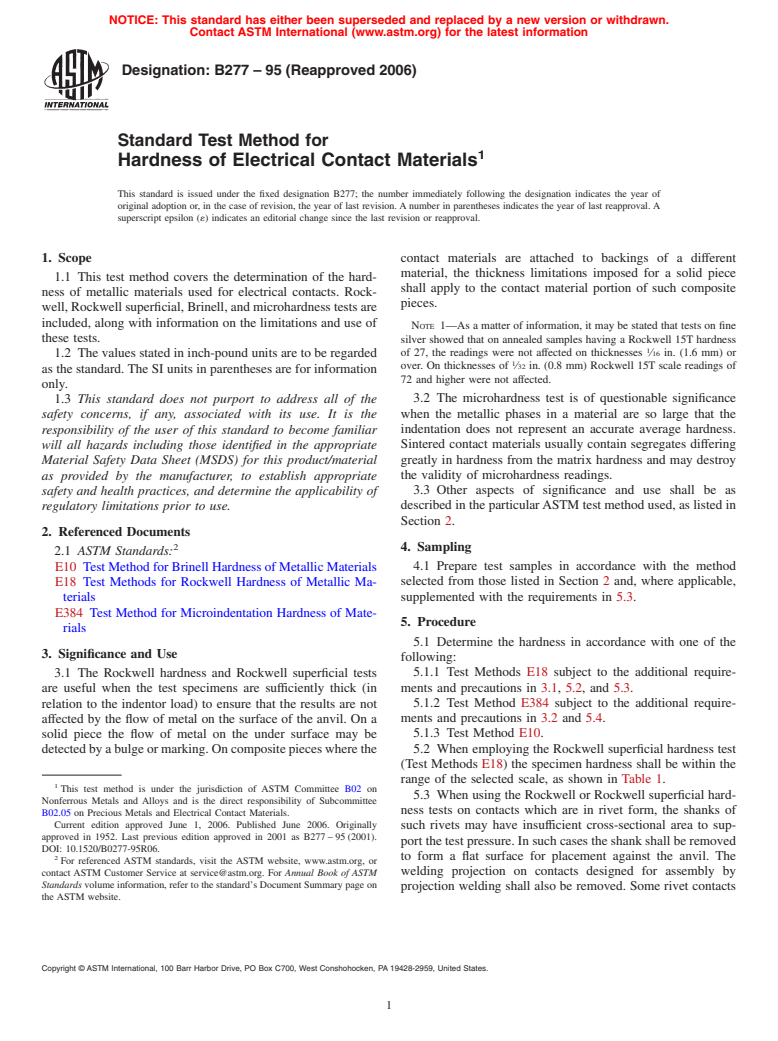 ASTM B277-95(2006) - Standard Test Method for Hardness of Electrical Contact Materials