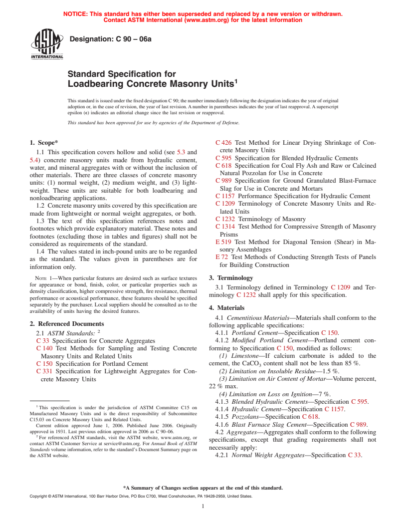 ASTM C90-06a - Standard Specification for Loadbearing Concrete Masonry Units