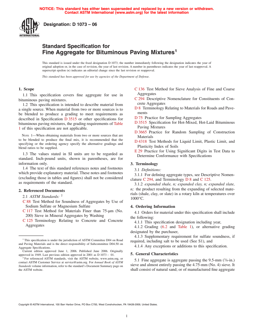 ASTM D1073-06 - Standard Specification for Fine Aggregate for Bituminous Paving Mixtures