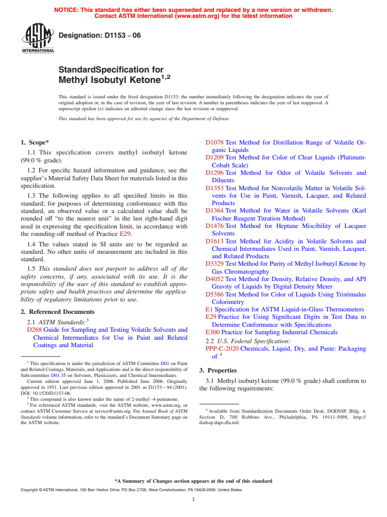 ASTM D1153-06 - Standard Specification for Methyl Isobutyl Ketone