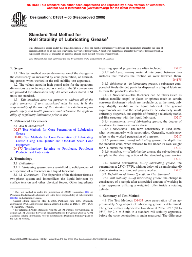 ASTM D1831-00(2006) - Standard Test Method for Roll Stability of Lubricating Grease