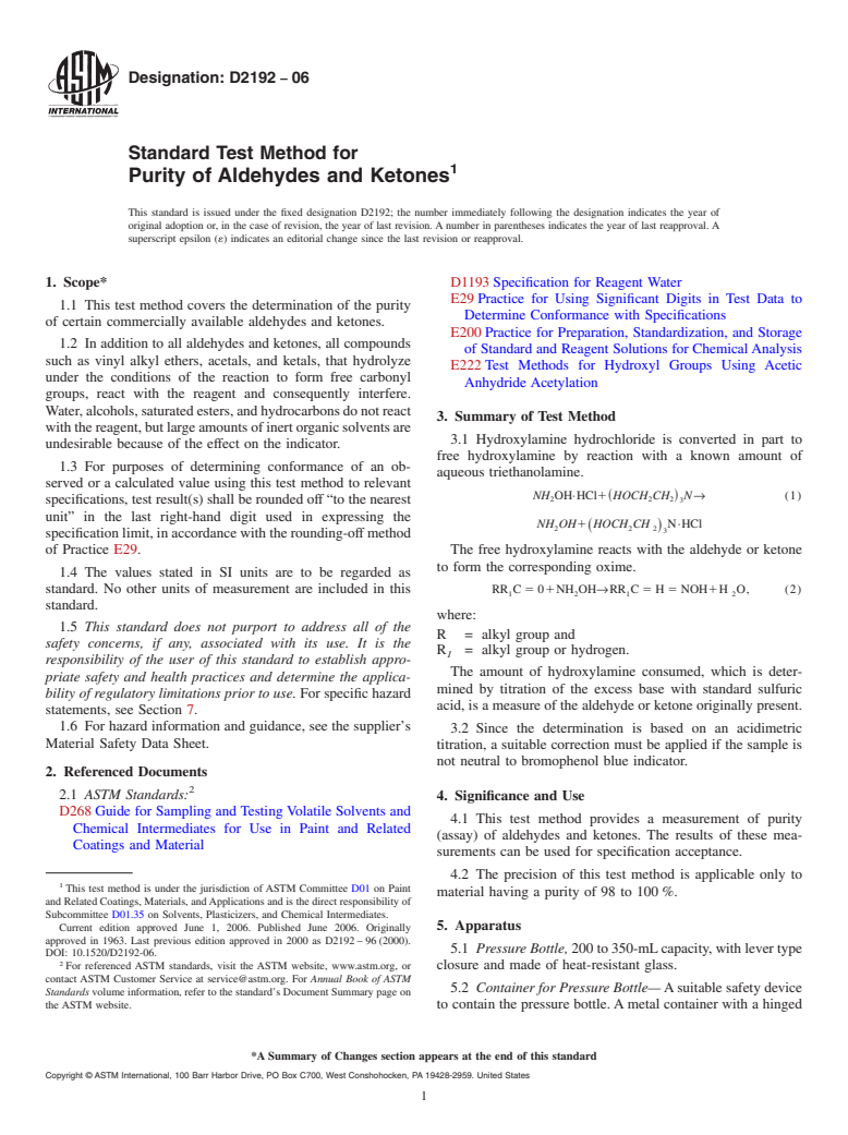 ASTM D2192-06 - Standard Test Method for Purity of Aldehydes and Ketones