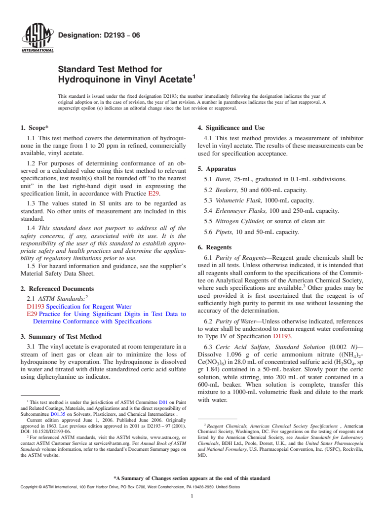 ASTM D2193-06 - Standard Test Method for Hydroquinone in Vinyl Acetate