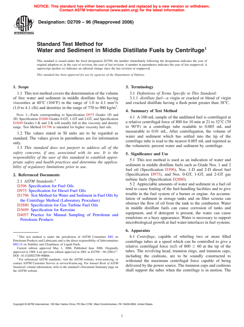 ASTM D2709-96(2006) - Standard Test Method for Water and Sediment in Middle Distillate Fuels by Centrifuge