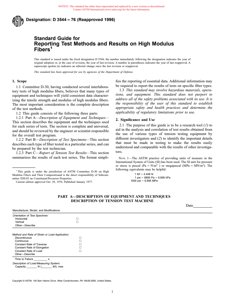 ASTM D3544-76(1996) - Standard Guide for Reporting Test Methods and Results on High Modulus Fibers (Withdrawn 2003)