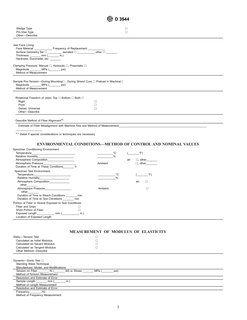 ASTM D3544-76(1996) - Standard Guide for Reporting Test Methods and Results on High Modulus Fibers (Withdrawn 2003)