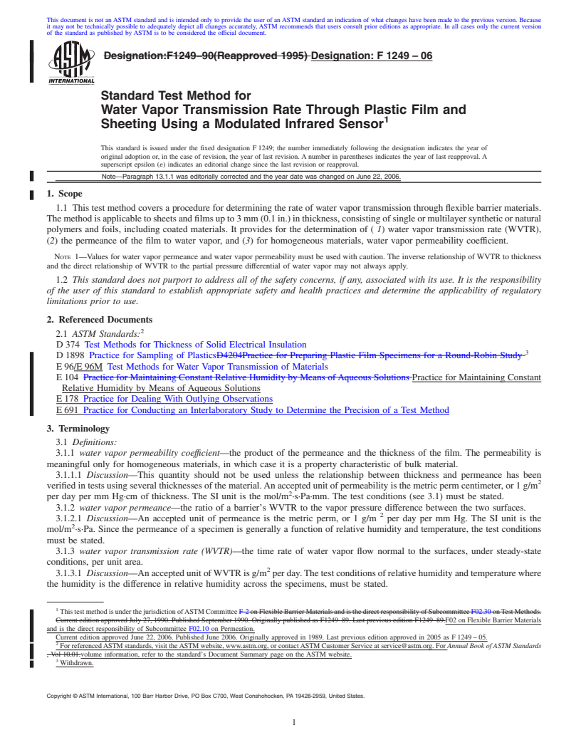 REDLINE ASTM F1249-06 - Standard Test Method for Water Vapor Transmission Rate Through Plastic Film and Sheeting Using a Modulated Infrared Sensor