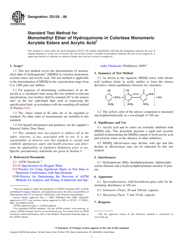 ASTM D3125-06 - Standard Test Method for Monomethyl Ether of Hydroquinone in Colorless Monomeric Acrylate Esters and Acrylic Acid