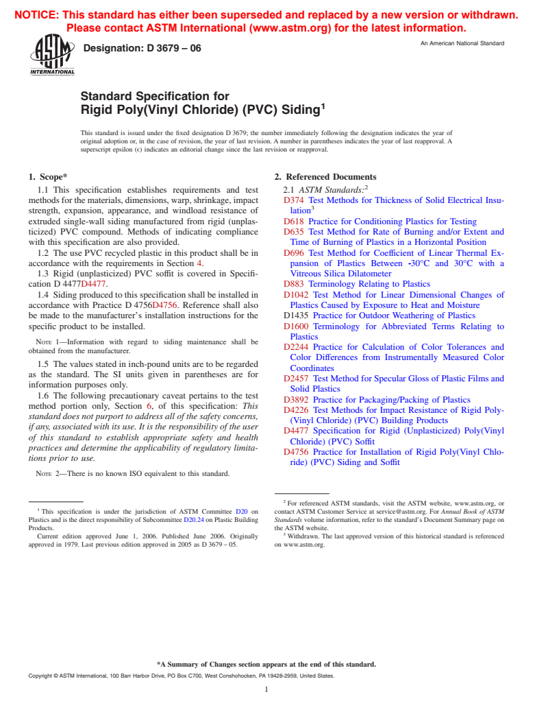 ASTM D3679-06 - Standard Specification for Rigid Poly(Vinyl Chloride) (PVC) Siding