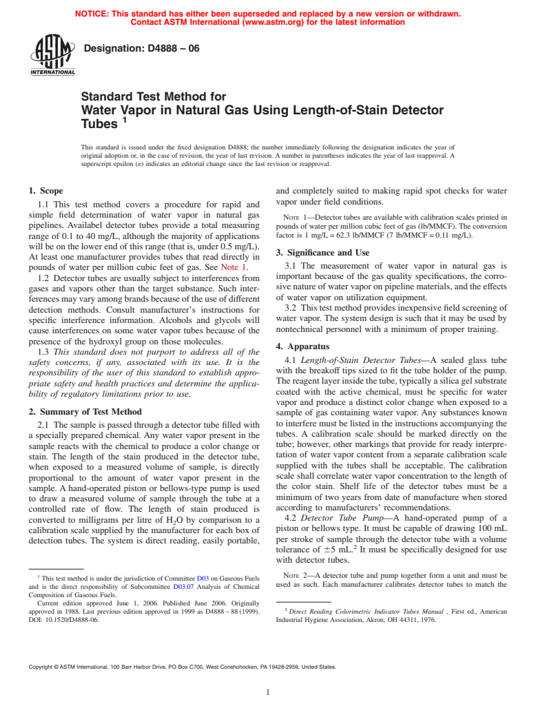 ASTM D4888-06 - Standard Test Method for Water Vapor in Natural Gas Using Length-of-Stain Detector Tubes