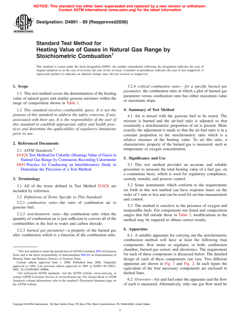 ASTM D4891-89(2006) - Standard Test Method for Heating Value of Gases in Natural Gas Range by Stoichiometric Combustion