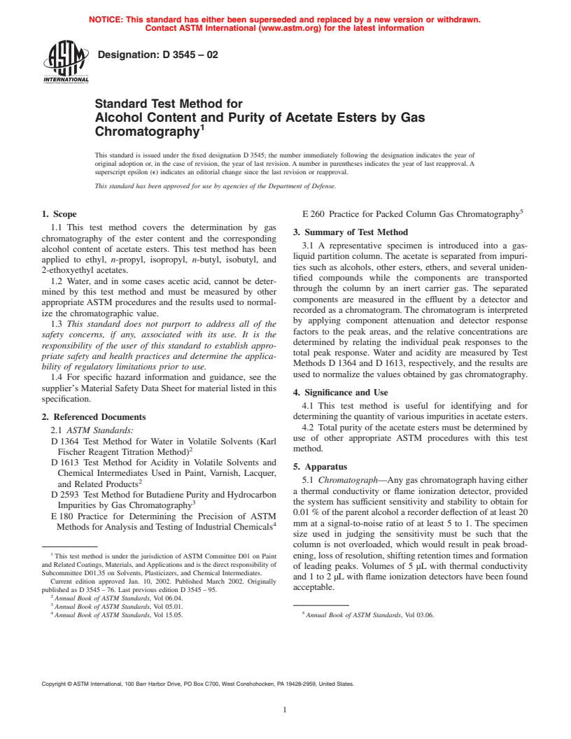 ASTM D3545-02 - Standard Test Method for Alcohol Content and Purity of Acetate Esters by Gas Chromatography