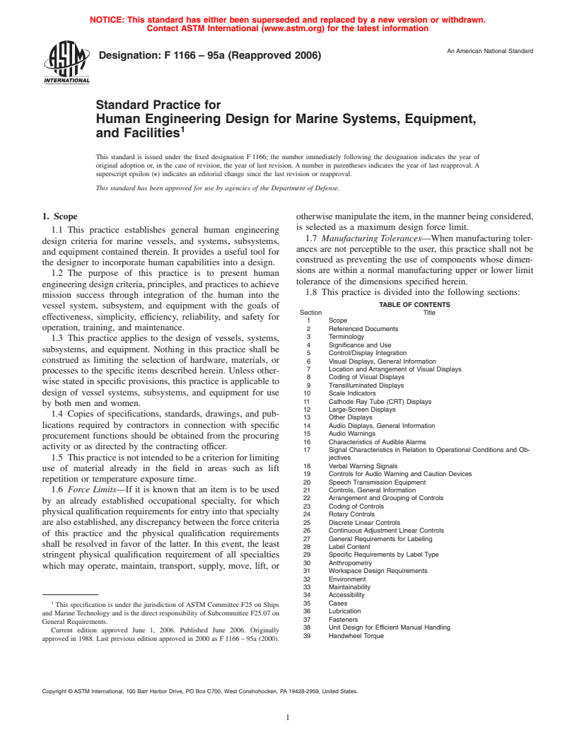ASTM F1166-95a(2006) - Standard Practice for Human Engineering Design for Marine Systems, Equipment and Facilities