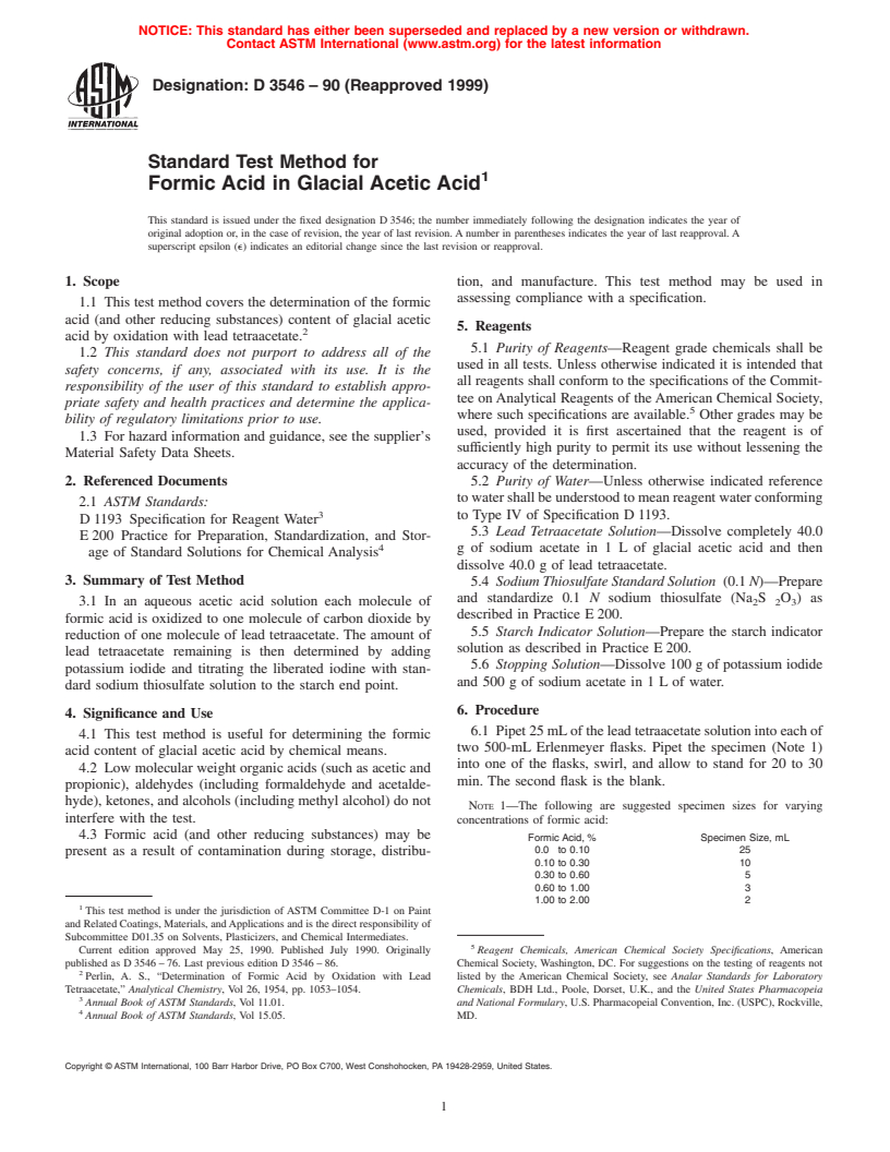 ASTM D3546-90(1999) - Standard Test Method for Formic Acid in Glacial Acetic Acid