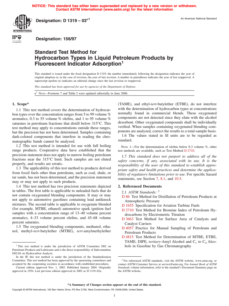 ASTM D1319-03e1 - Standard Test Method for Hydrocarbon Types in Liquid Petroleum Products by Fluorescent Indicator Adsorption