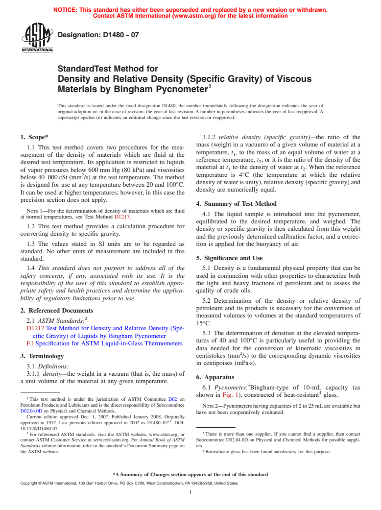 ASTM D1480-07 - Standard Test Method for Density and Relative Density (Specific Gravity) of Viscous Materials by Bingham Pycnometer