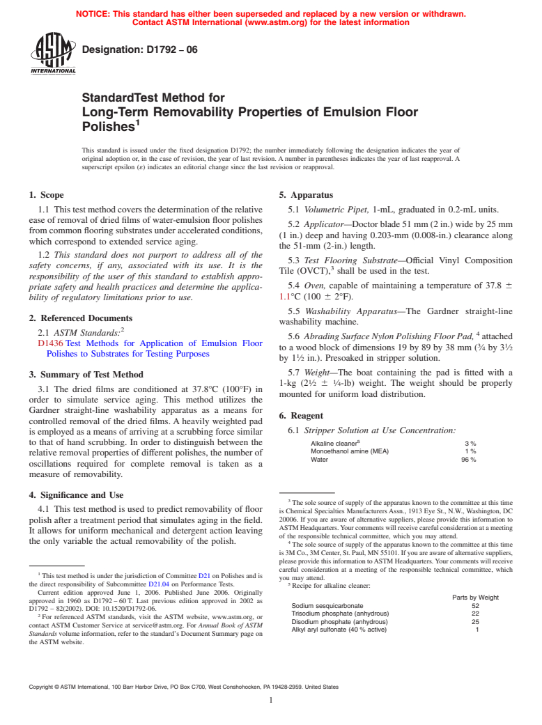 ASTM D1792-06 - Standard Test Method for Long-Term Removability Properties of Emulsion Floor Polishes