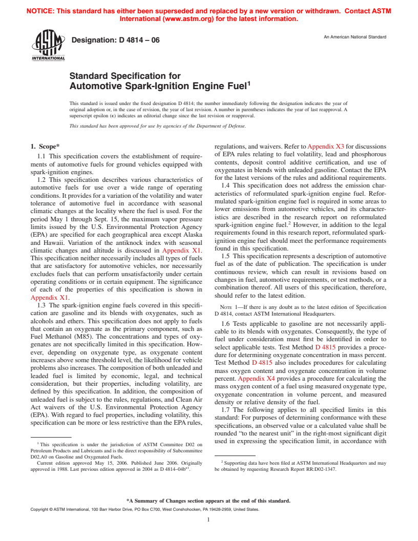 ASTM D4814-06 - Standard Specification for Automotive Spark-Ignition Engine Fuel