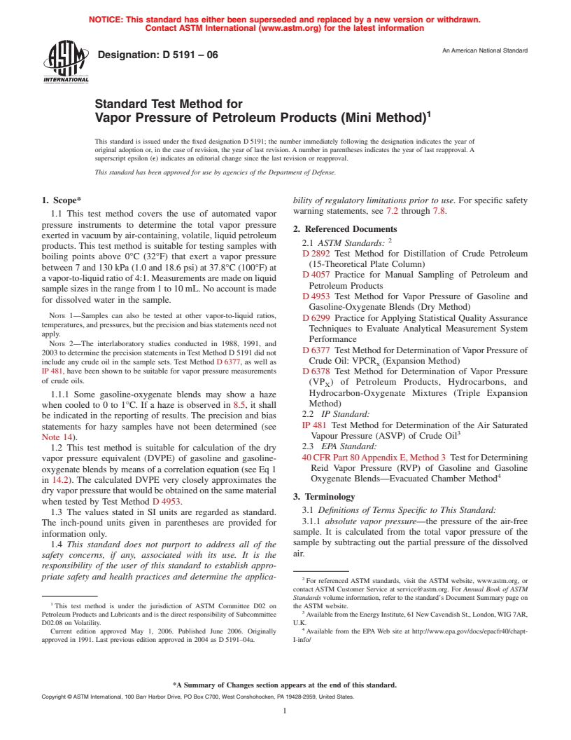 ASTM D5191-06 - Standard Test Method for Vapor Pressure of Petroleum Products (Mini Method)