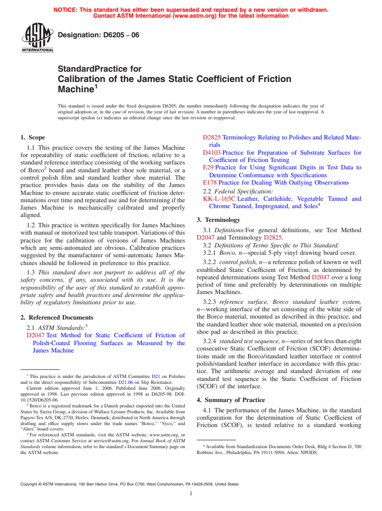 ASTM D6205-06 - Standard Practice for Calibration of the James Static Coefficient of Friction Machine