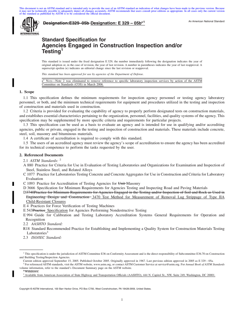 REDLINE ASTM E329-05be1 - Standard Specification for Agencies Engaged in Construction Inspection and/or Testing