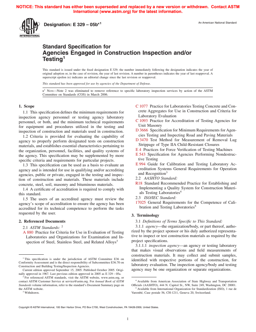 ASTM E329-05be1 - Standard Specification for Agencies Engaged in Construction Inspection and/or Testing