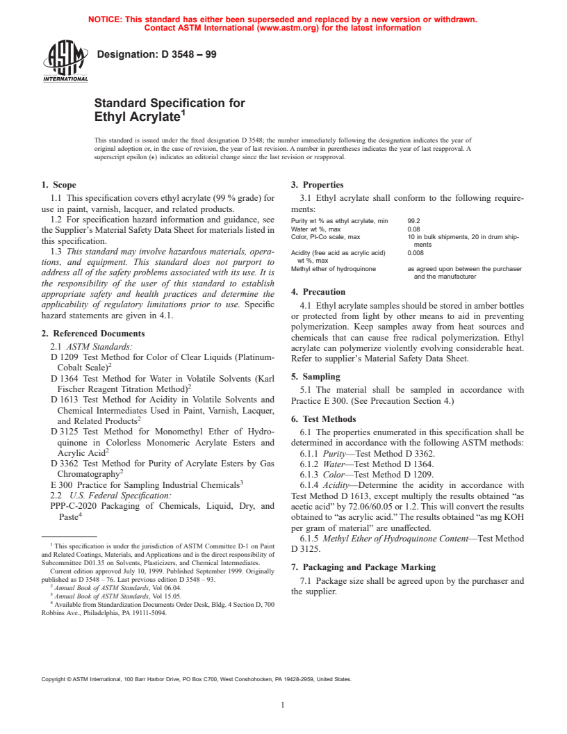 ASTM D3548-99 - Standard Specification for Ethyl Acrylate