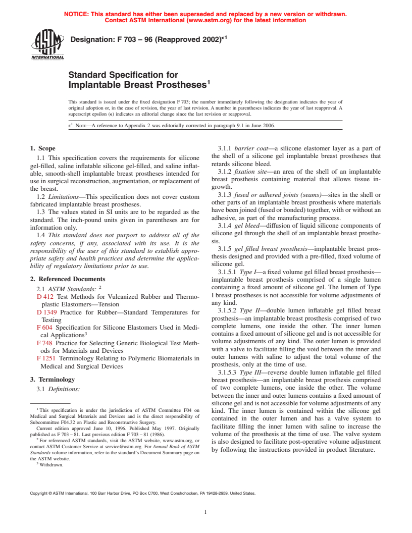 ASTM F703-96(2002)e1 - Standard Specification for Implantable Breast Prostheses