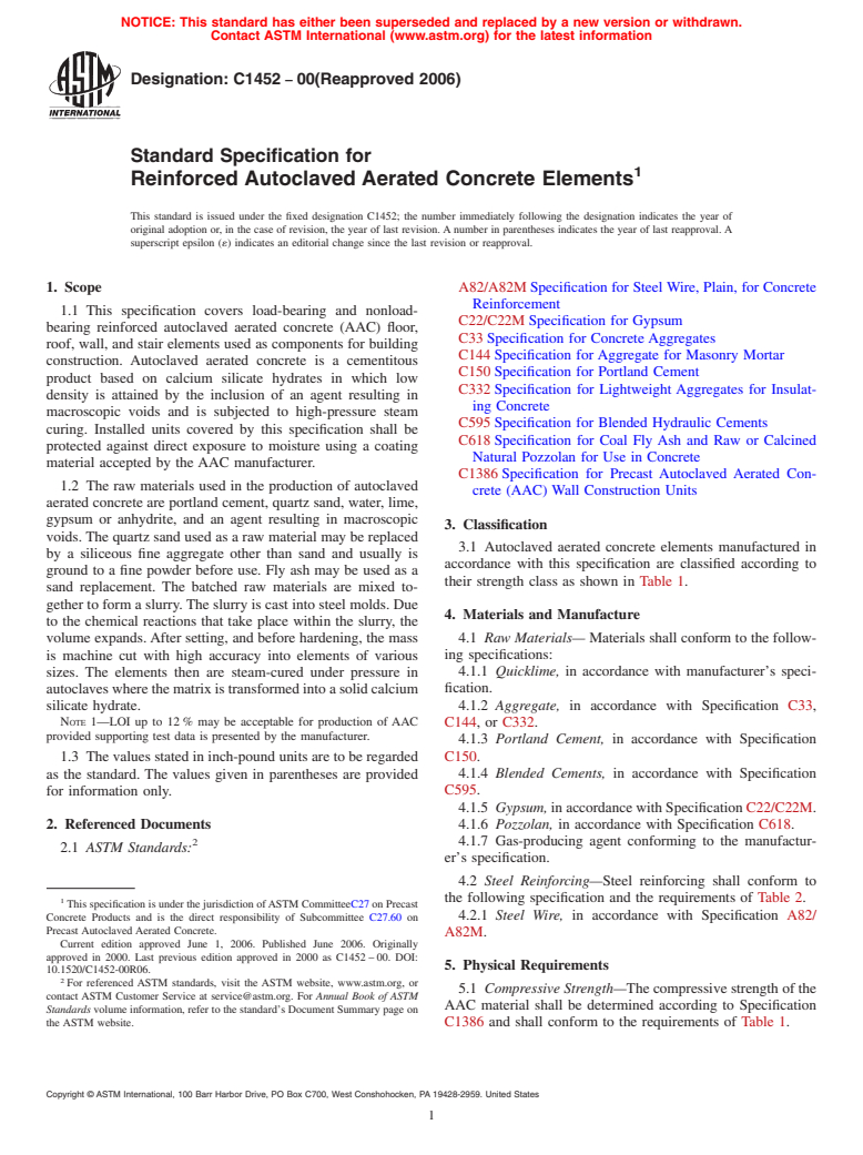 ASTM C1452-00(2006) - Standard Specification for Reinforced Autoclaved Aerated Concrete Elements (Withdrawn 2013)