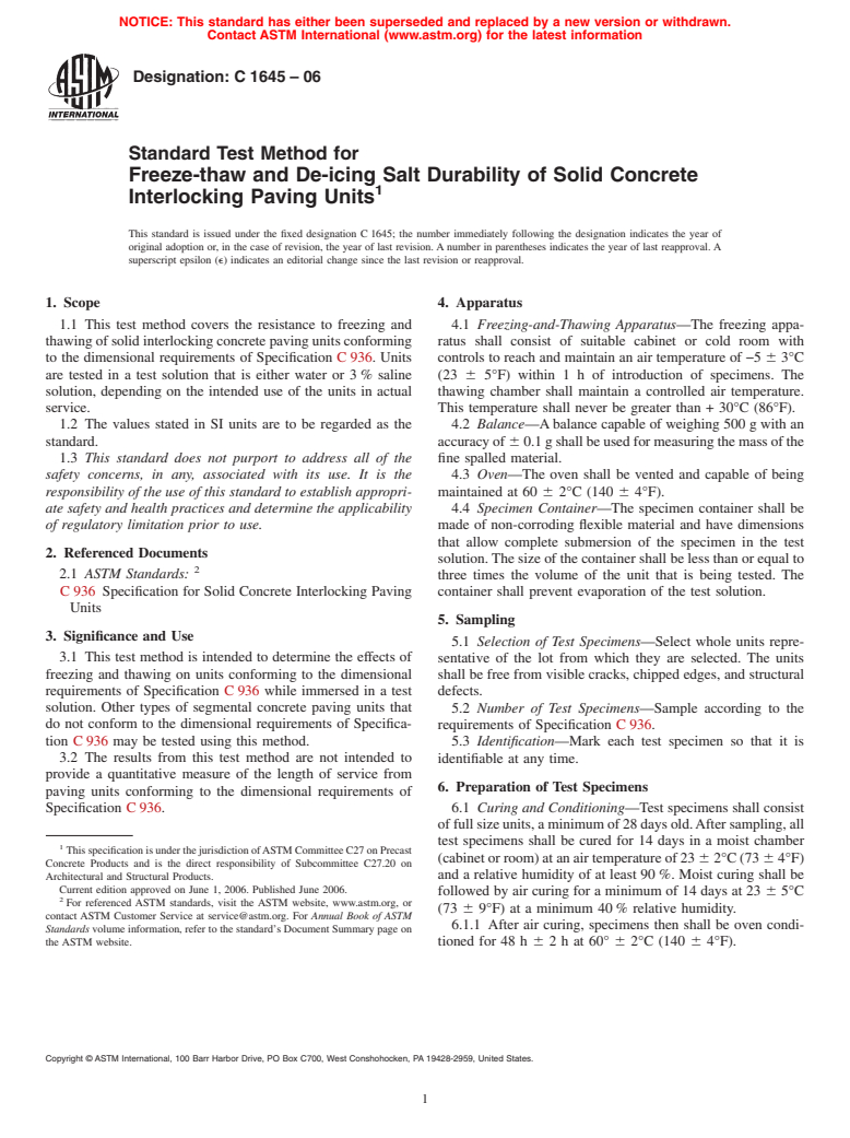 ASTM C1645-06 - Standard Test Method for Freeze-thaw and De-icing Salt Durability of Solid Concrete Interlocking Paving Units