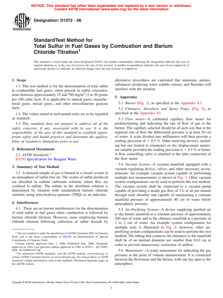 ASTM D1072-06 - Standard Test Method for Total Sulfur in Fuel Gases by Combustion and Barium Chloride Titration