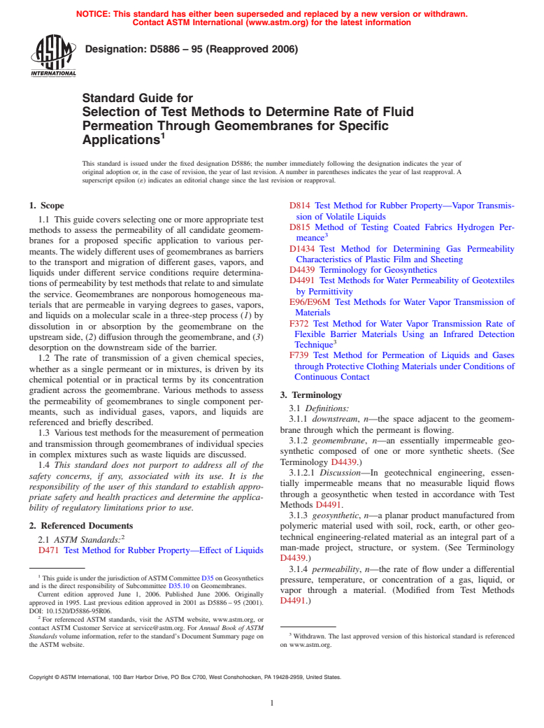 ASTM D5886-95(2006) - Standard Guide for Selection of Test Methods to Determine Rate of Fluid Permeation Through Geomembranes for Specific Applications