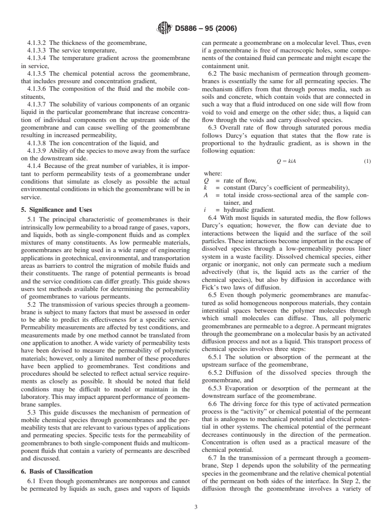 ASTM D5886-95(2006) - Standard Guide for Selection of Test Methods to Determine Rate of Fluid Permeation Through Geomembranes for Specific Applications