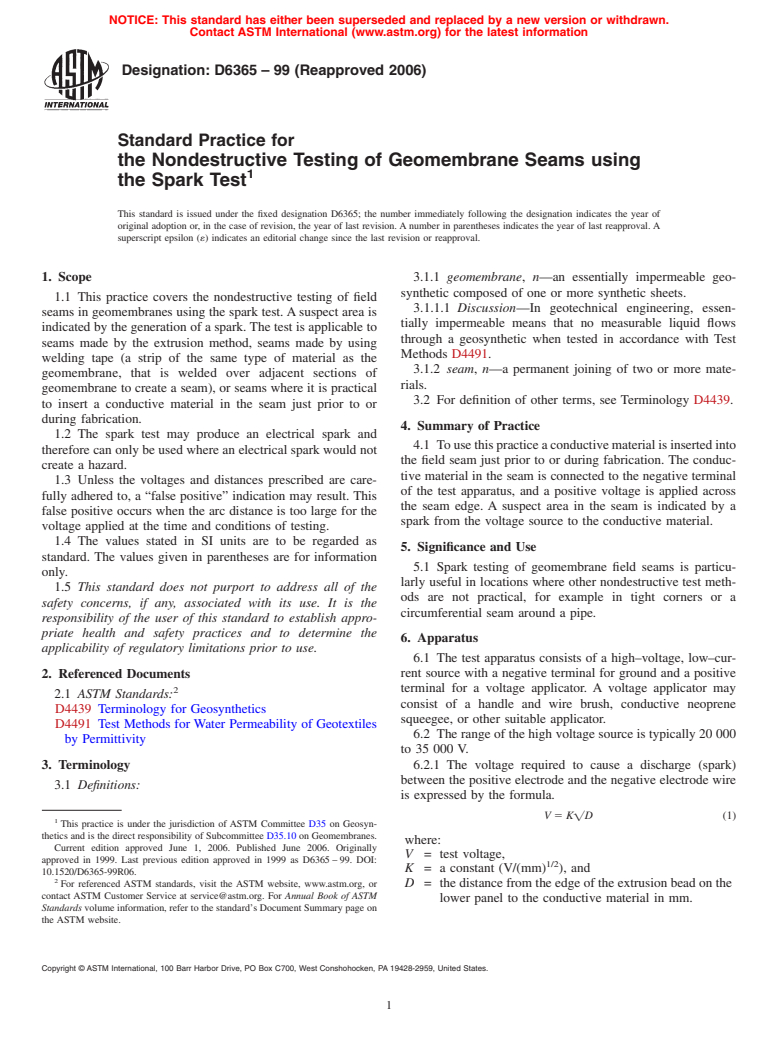 ASTM D6365-99(2006) - Standard Practice for the Nondestructive Testing of Geomembrane Seams using the Spark Test