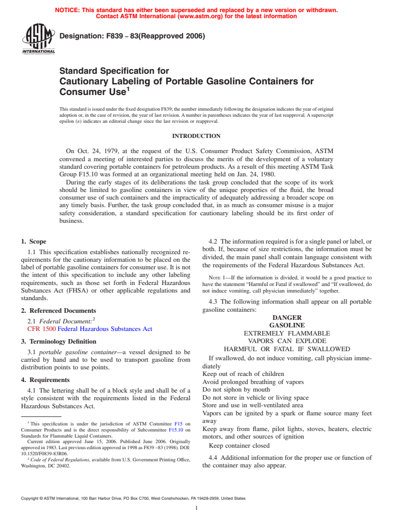 ASTM F839-83(2006) - Standard Specification for Cautionary Labeling of Portable Gasoline Containers for Consumer Use (Withdrawn 2015)