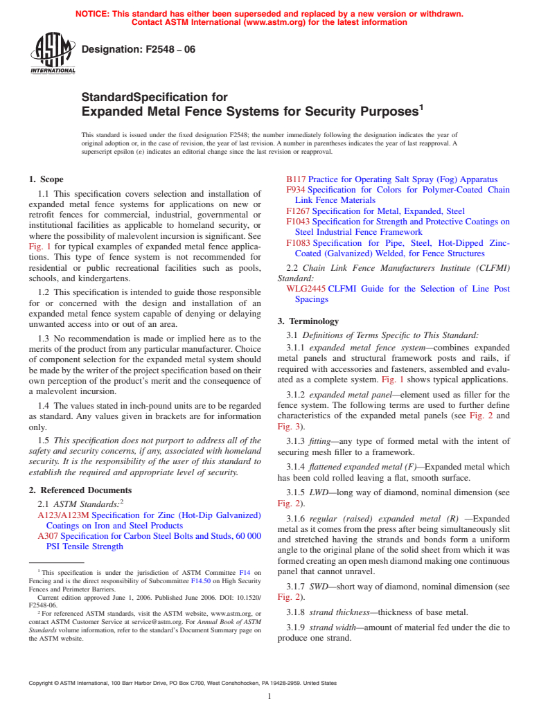 ASTM F2548-06 - Standard Specification for Expanded Metal Fence Systems for Security Purposes